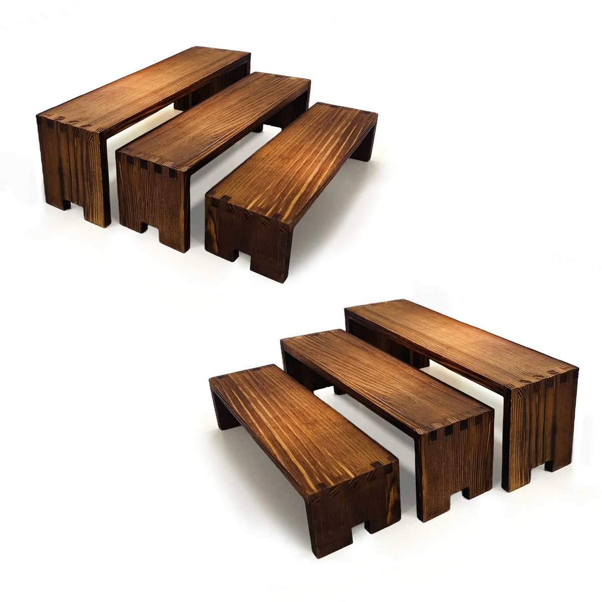 Yikaroeli 2 Set Wood Display Risers Small Wooden Stand for Display Cupcake Stands 9.4"-7.8" Graduated Sizes 3 Tiered 6Pcs Dessert Display Stands for Vendor Events (Brown)