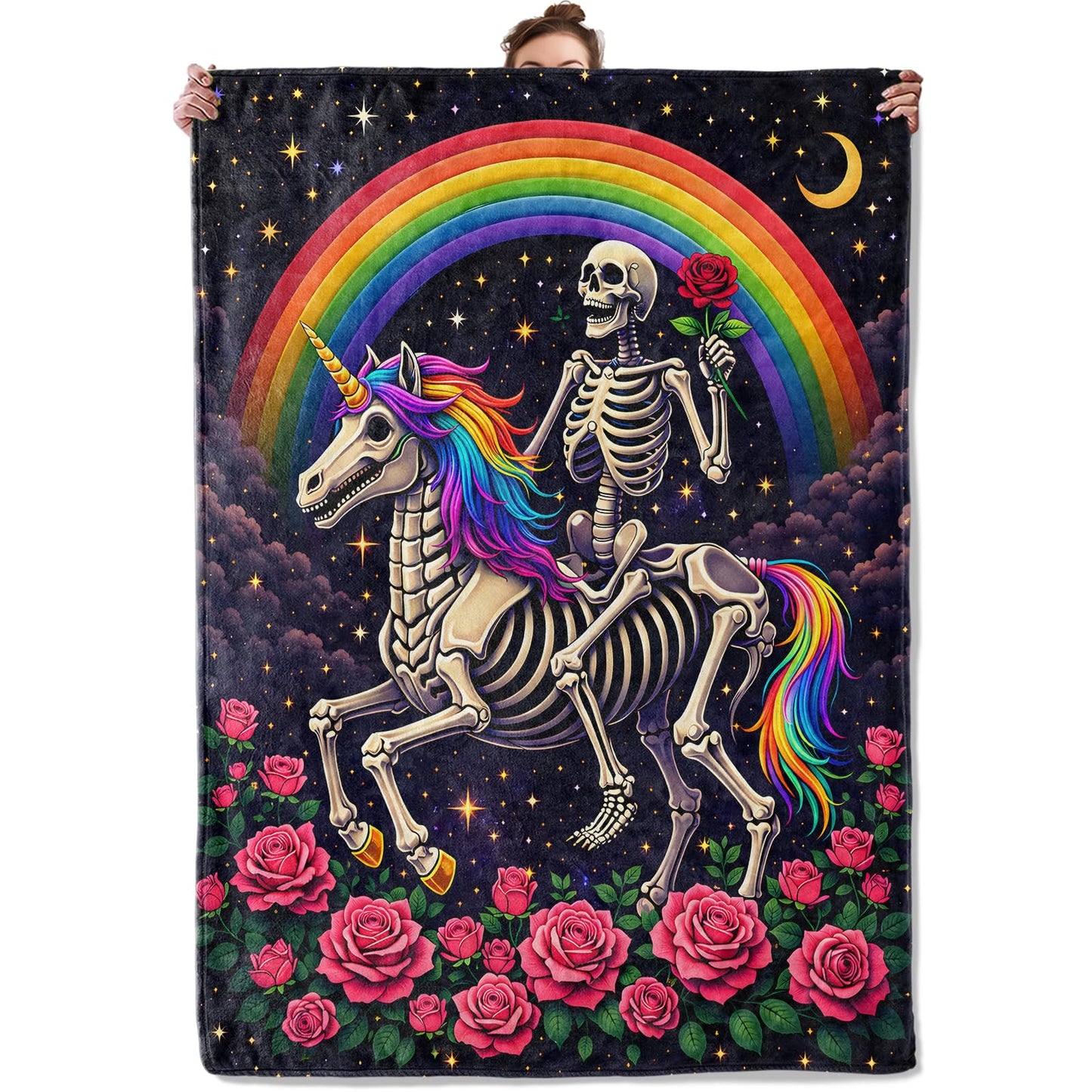 TRYYN Skull Unicorn Flannel Throw Blanket Gothic Skeleton and Hourse Pattern Fantasy Rainbow Night Sky Floral Decor for Goth Lovers Cozy Lightweight Fleece Blankets Bedroom Couch Gifts, 50x60inch