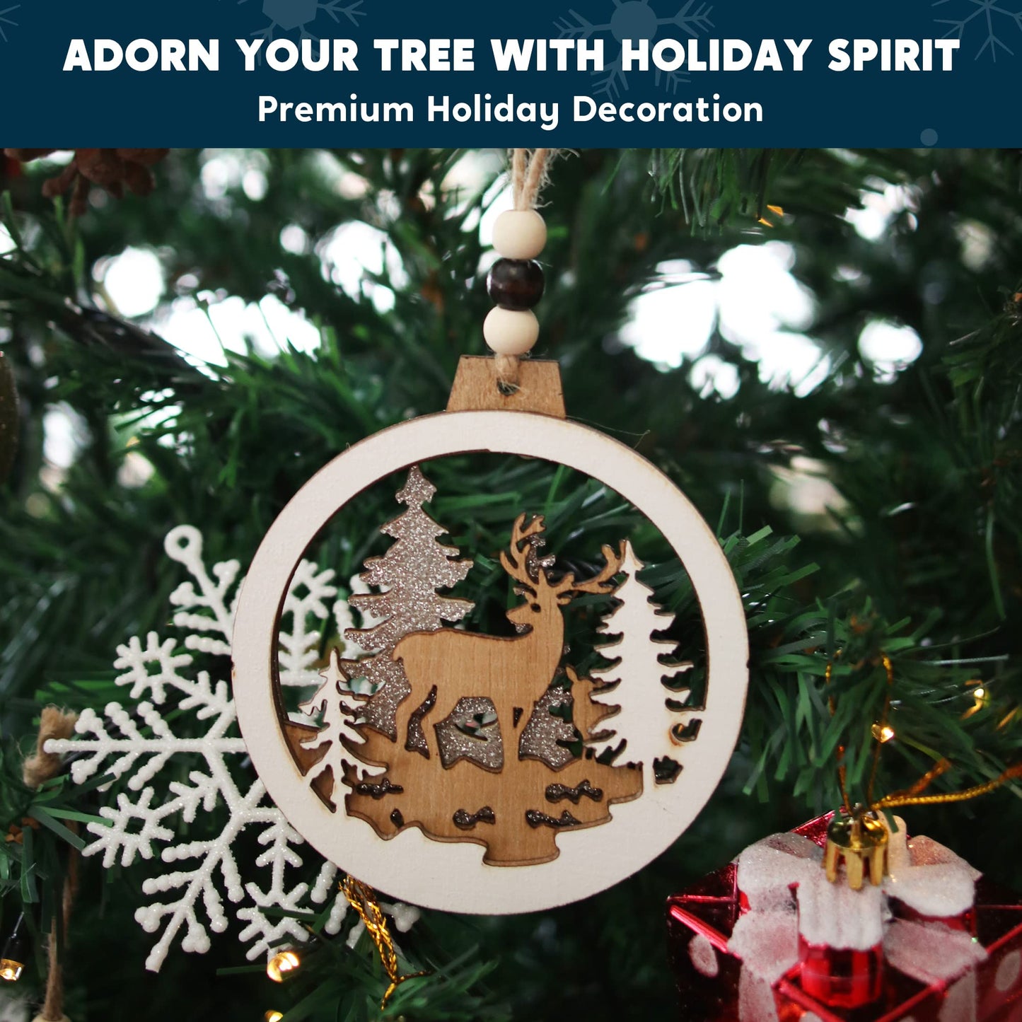 JOIEDOMI 6 Pcs Christmas Wooden Ornaments, Christmas Farmhouse Rustic Reindeer, Hanging Wood Ornaments for Winter Holiday Indoor Decor, Xmas Tree Decorations