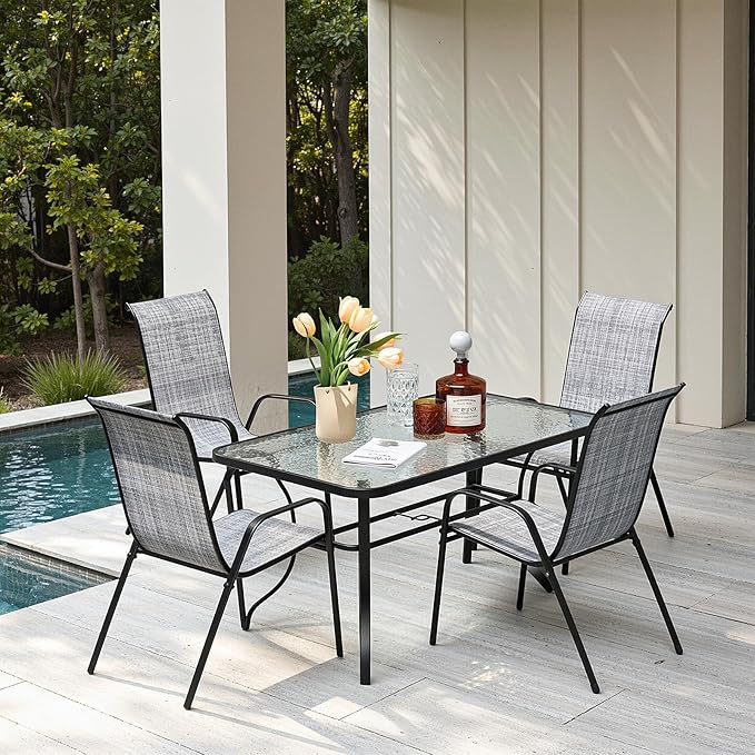 MAMIZO Patio Dining Chairs, Stackable All Weather Teslin Chair, Heavy Duty Outdoor Breathable Chairs Set, w/Armrests, Upgraded Chair FeetW/Strenthened Iron Spacers, 330 LBS (4, Grey)