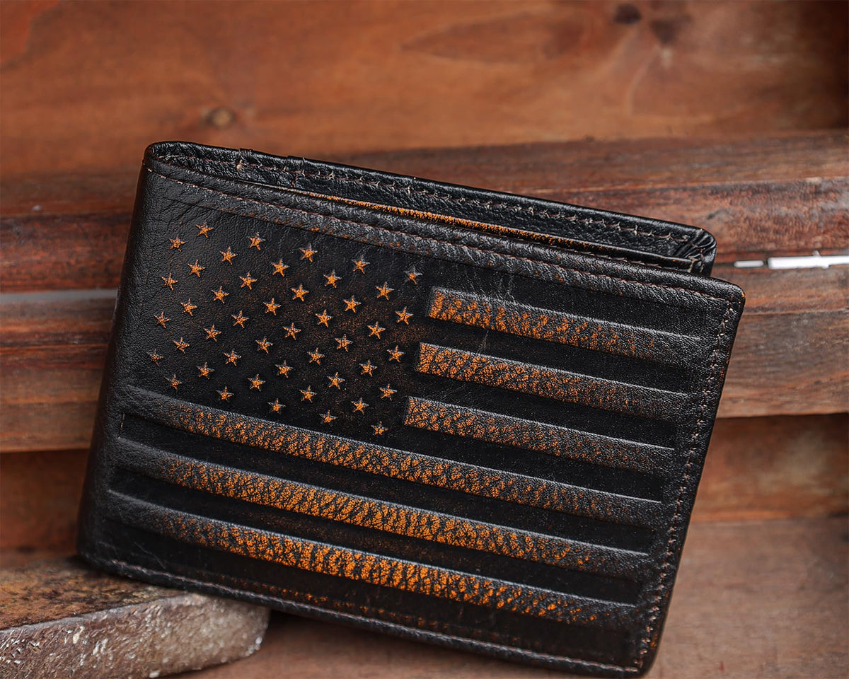 DK86 USA Flag Wallet for Men Slim Rfid Bifold Genuine Leather 2 ID Window With Gift Box (black brown with US flag)