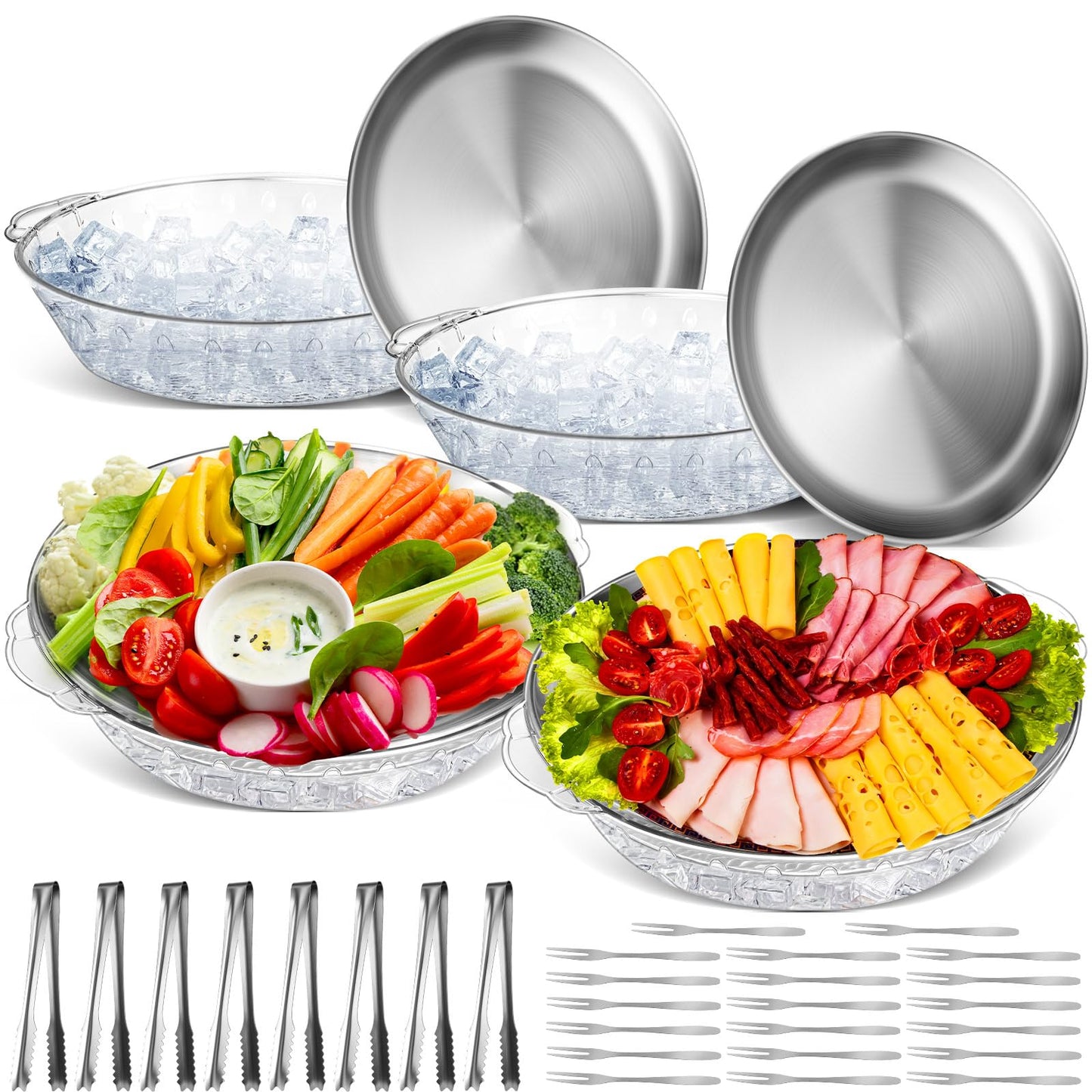 Baderke 4 Sets 11.8" Chilled Serving Tray for Parties Round Iced Platter with Ice Underneath Stainless Steel Clip Fruit Fork Shrimp Cocktail Serving Dish for Oysters Crawfish Fruits (Original)