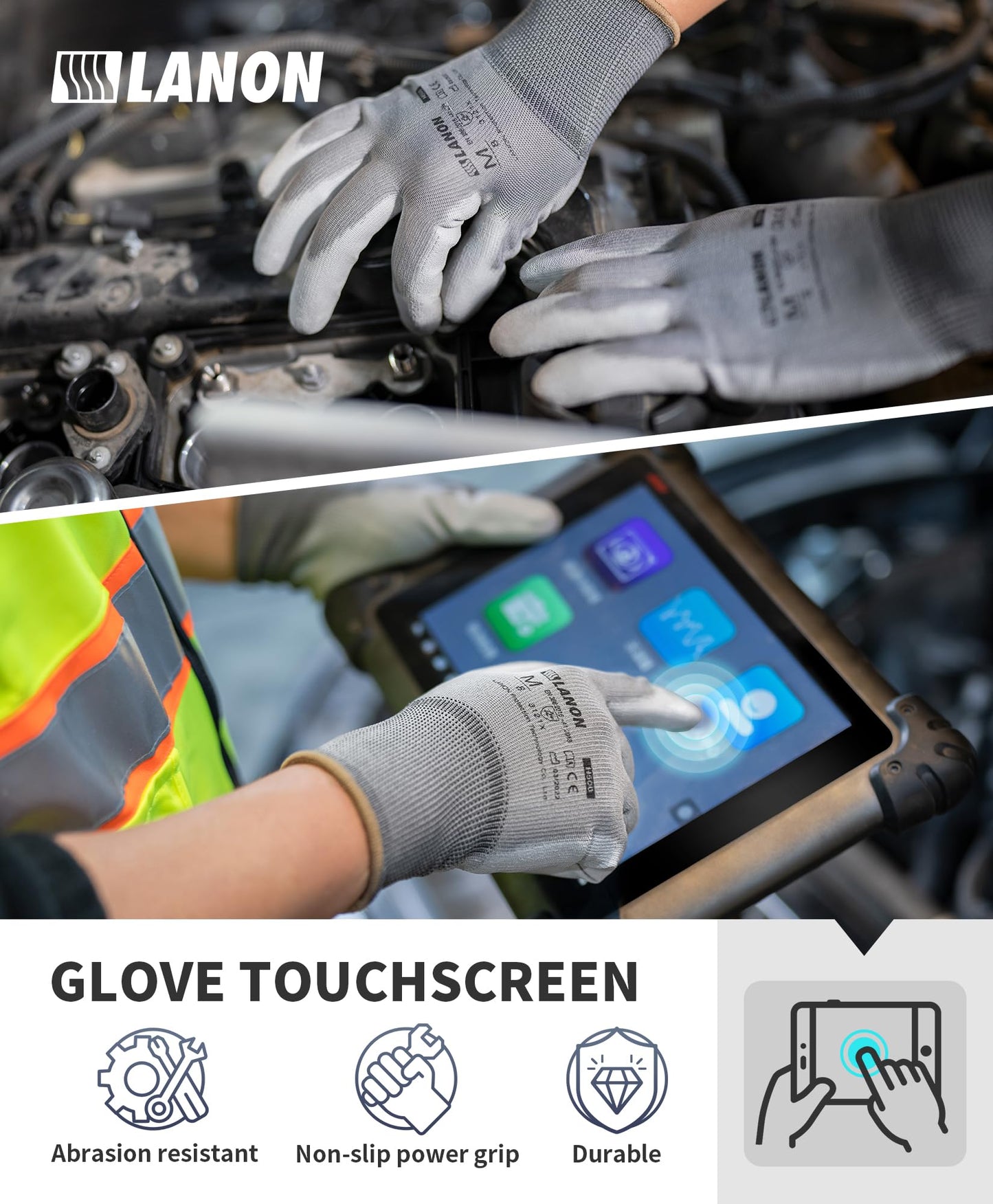 LANON 12 Pairs Grey Safety Work Gloves, PU Coated, Multipurpose Working Gloves for Men, Seamless Knit, Power Grip, EN 388, M/8