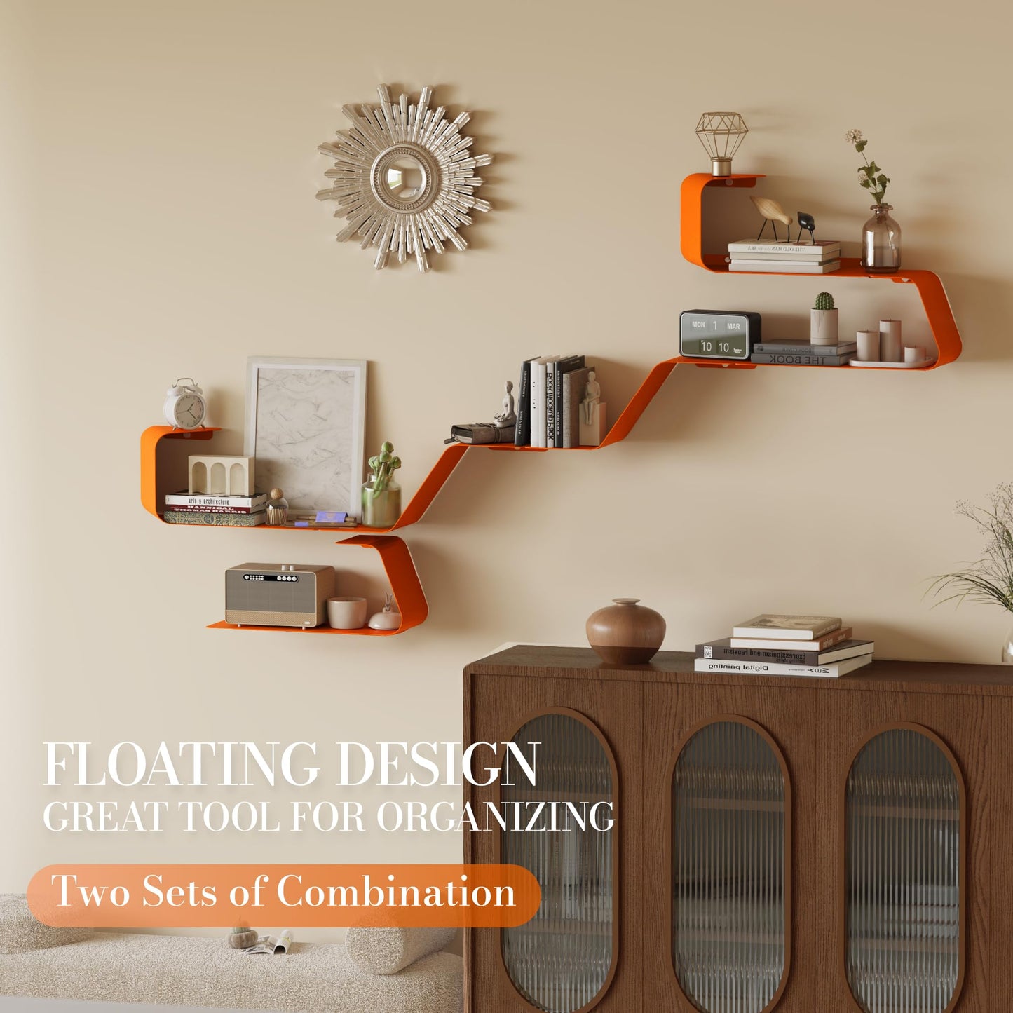 Sttoraboks Floating Wall Shelves Set of 3, Metal Mounted Shelf with Unique Design, Bookshelf for Storage & Display in Bathroom, Bedroom, Kitchen, Living Room, Orange Home Decor