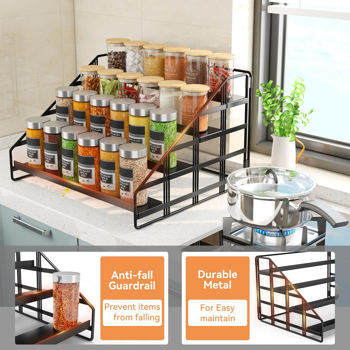 Bunoxea 4 Tier Adjustable Spice Rack for Cabinet & Countertop, Black