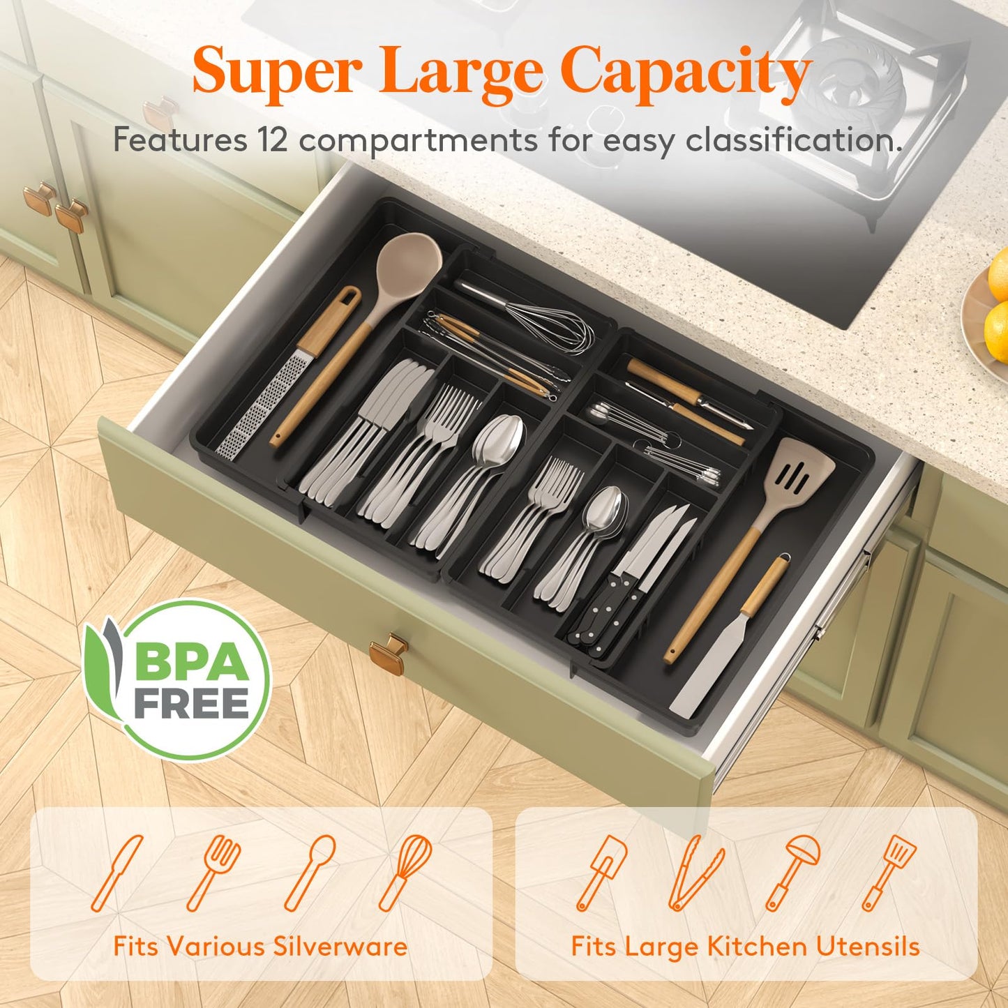 Lifewit Large Silverware Drawer Organizer, Expandable From 21 to 36 Inches, BPA Free Plastic Utensil Tray for Kitchen, Adjustable Flatware and Cutlery Holder for Spoons Forks Knives, Black