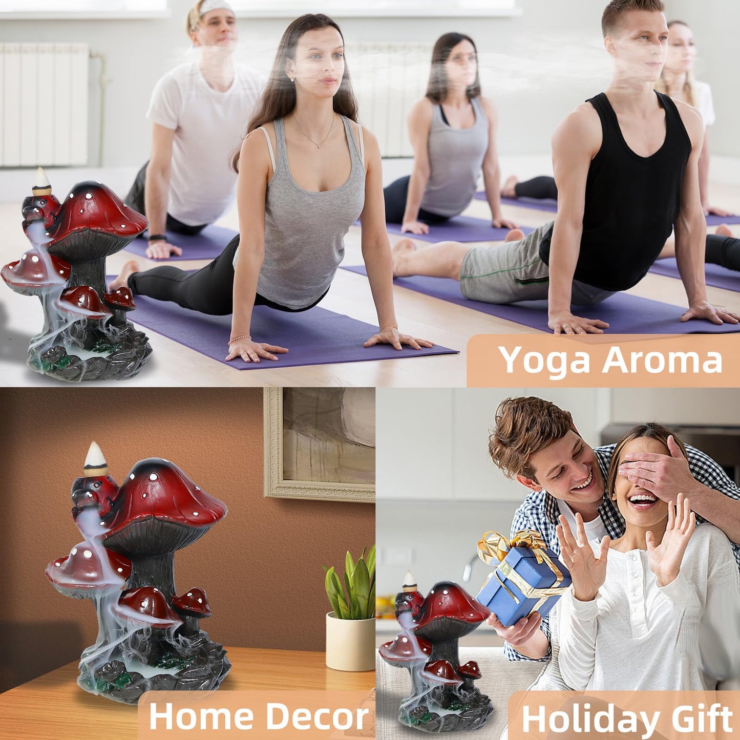 Mushroom Backflow Incense Holder – Ceramic Incense Cone Holder with 60 Backflow Incense Cones | Waterfall Incense Burner & Waterfall Fountain | Unique Smoke Cascade Effect for Relaxation & Meditation