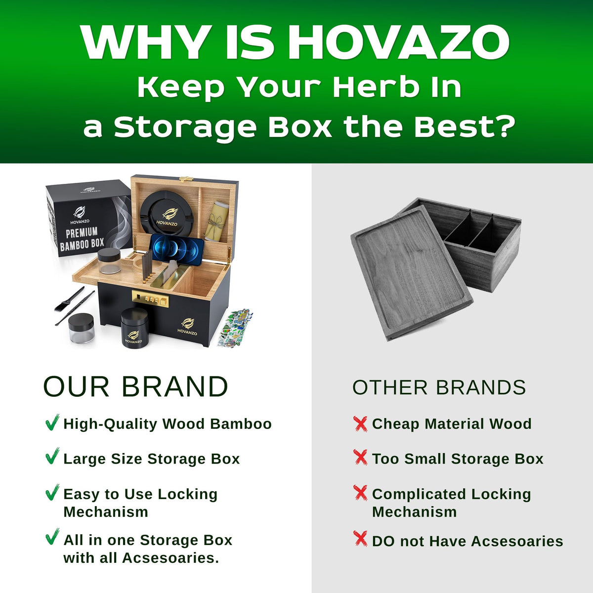 HOVANZO Upgraded Premium Large Bamboo Box - Locking Storage Decorative Box with Combination Lock - Wood Kit with lid - Wooden Locking Storage with Removable Tray and Jars