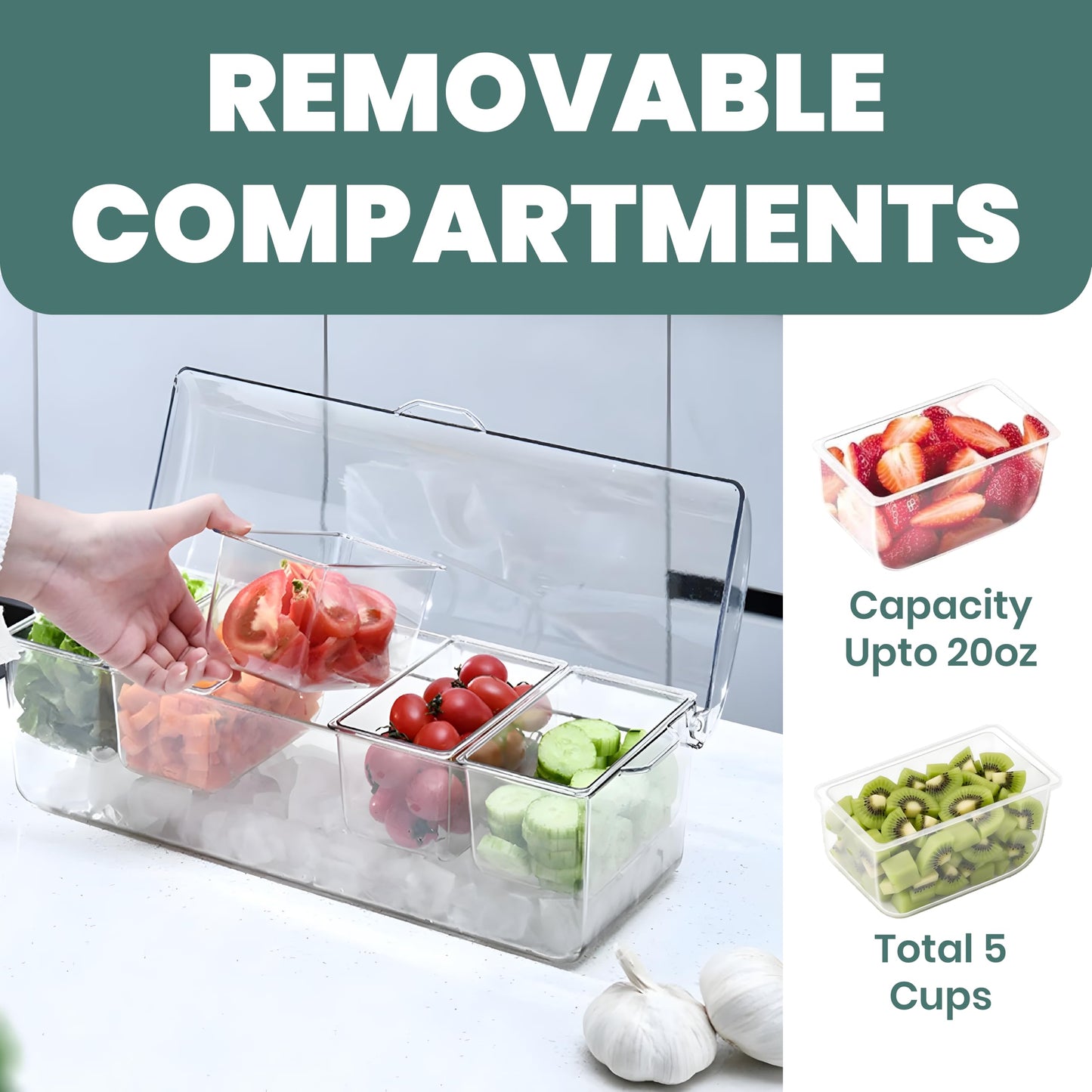 BLIVORRA 𝐋𝐚𝐫𝐠𝐞 Ice Chilled Condiment Server Caddy with 5 Removable Compartments (2.5 Cup), Clear Garnish Tray with Lids – Fruit, Salad, Taco, Bar Platter – Free Stainless Steel Accesories