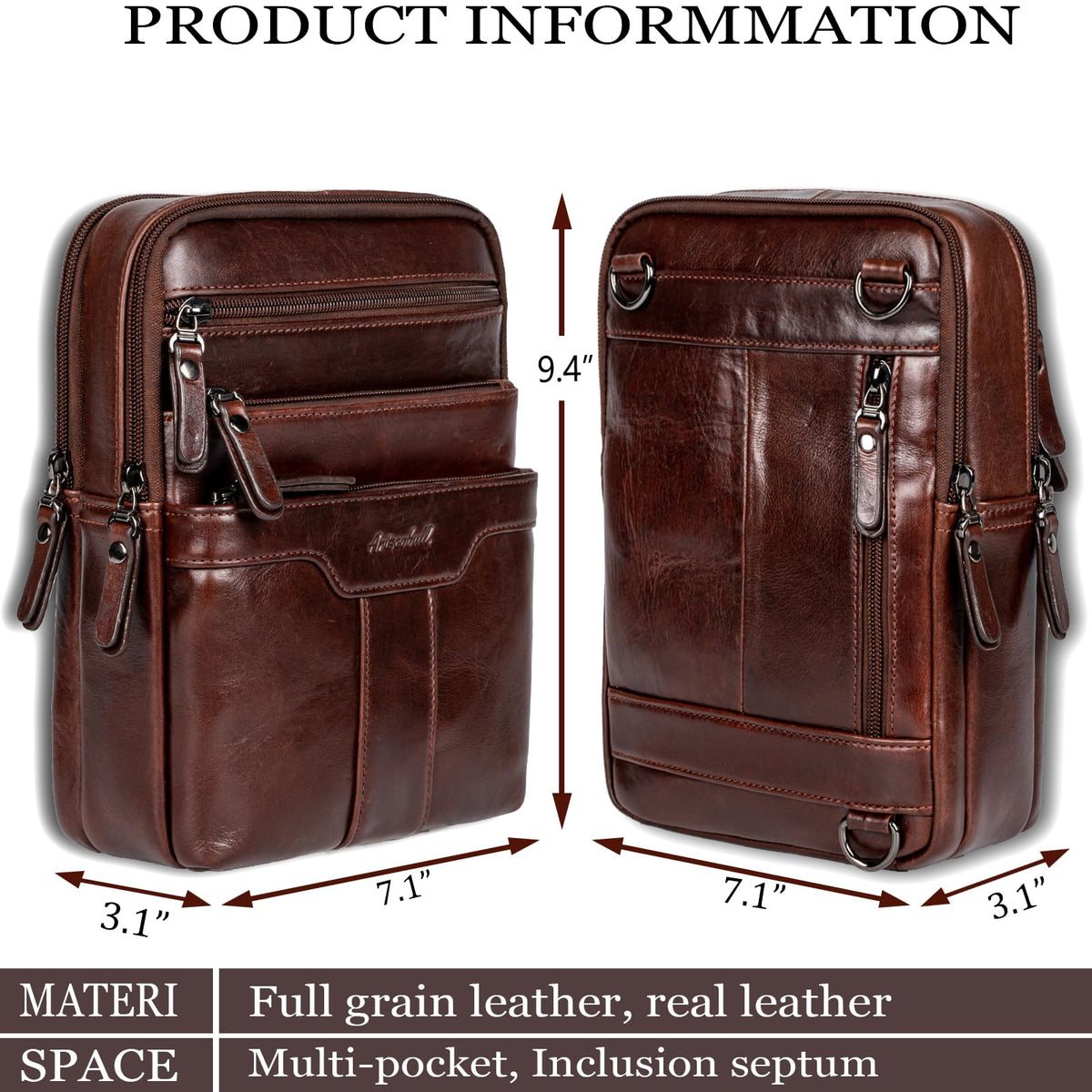Ariscobull Leather Messenger Bag for Men, Small Leather Sling Shoulder Bag Messenger Pack for Men, Man Purse (Brown)