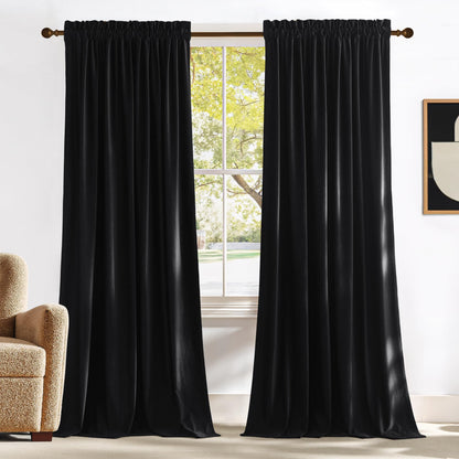 NICETOWN Halloween Black Velvet Blackout Curtains 96 inch Long for Bedroom and Living Room, Thermal Curtains Solid Heavy Rod Pocket Drapes/Window Treatments for Hall, Theater (2 Pieces, 52 W)