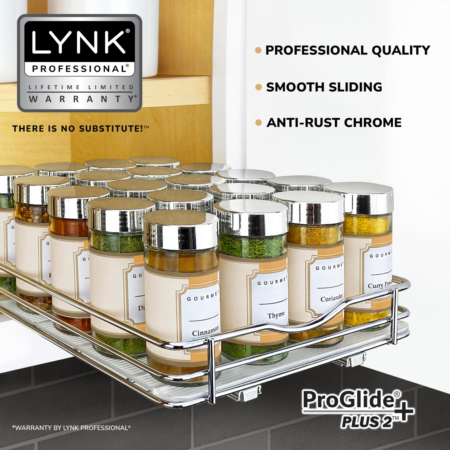 LYNK PROFESSIONAL® Pull Out Spice Rack Organizer for Inside Kitchen Cabinets - 4-1/4 inch Wide - Slide Out Drawer – Chrome Sliding Spice Cabinet Organization Shelf Racks - 2 Tier