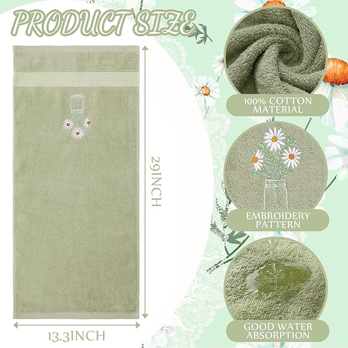 2 Pcs Daisy Flower Hand Towels Gray Green Bathroom Decor 14x29 Inch Embroidered