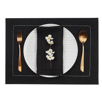 D’Moksha Homes Value Pack - Black Linen Table Runner and Placemats Set: 1 Linen Table Runner (14 x 36 Inch) and 4 Linen Placemats (14 x 19 inch); 5 pcs in Total; 100% Pure European Linen