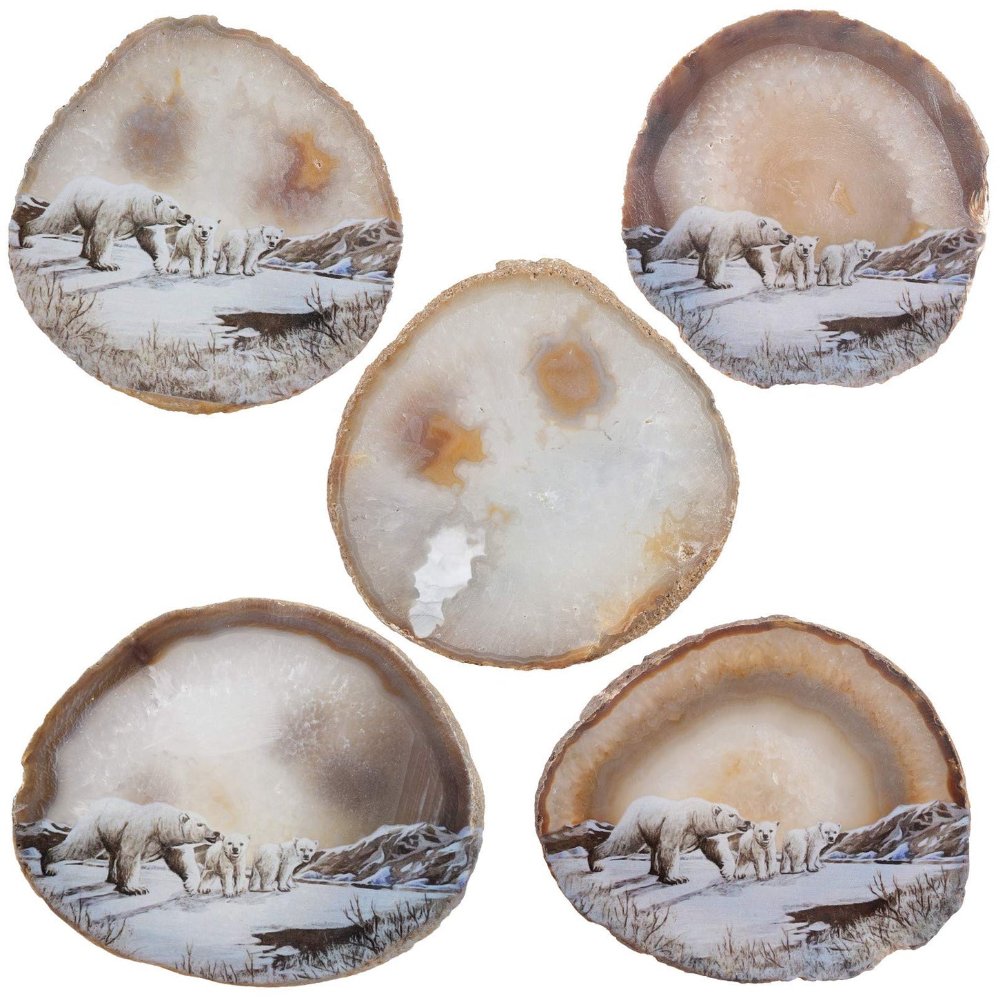 Rockcloud Polar Bears Agate Slab Display with Wooden Stand Irregular Shape Aagte Slice Stone Home Office Desk Ornament