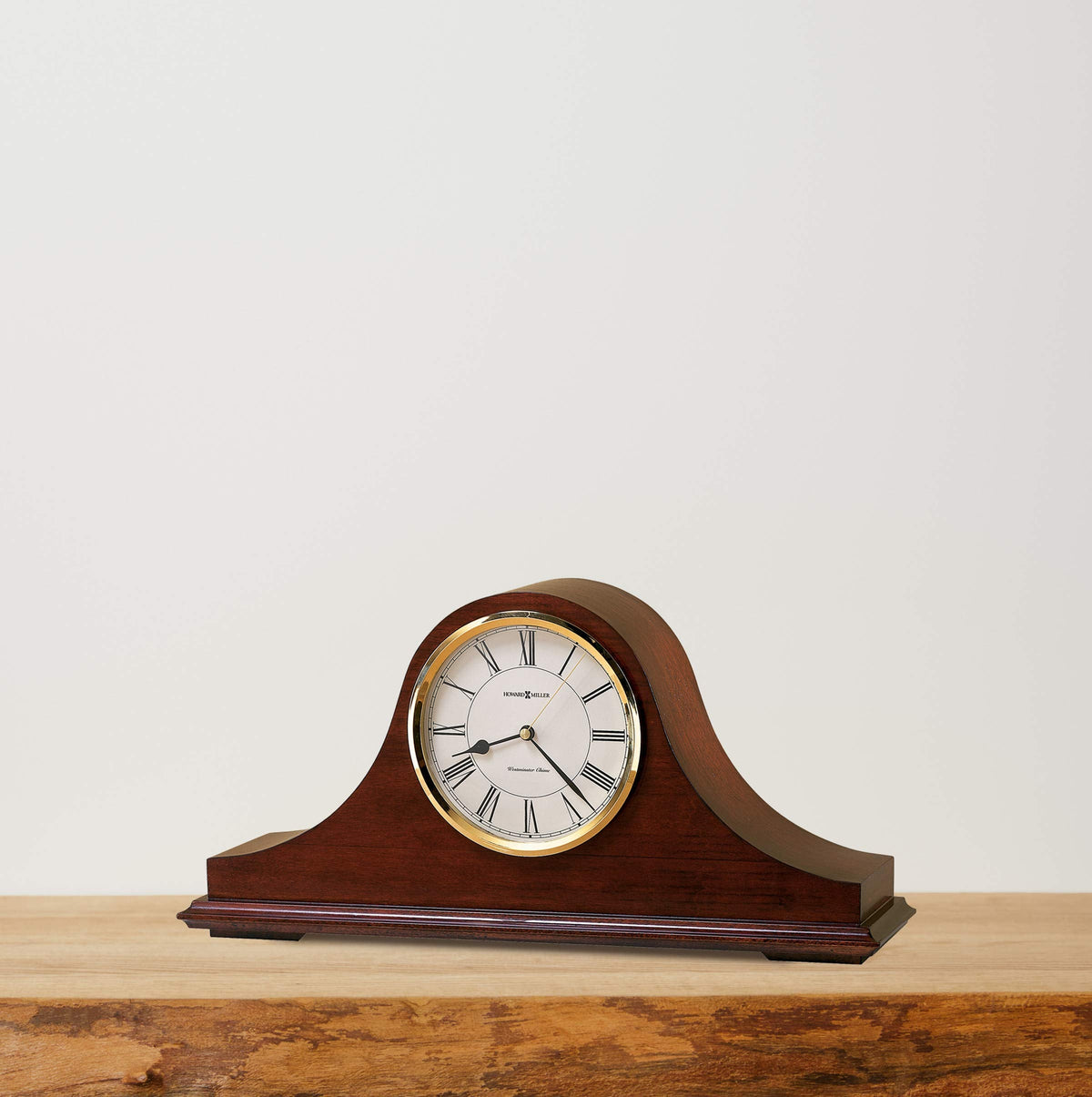Howard Miller Christopher Mantel Clock – Hardwood Table Clock, Quartz Movement, Westminster Chime, Brass Bezel, Roman Numerals, Battery Powered