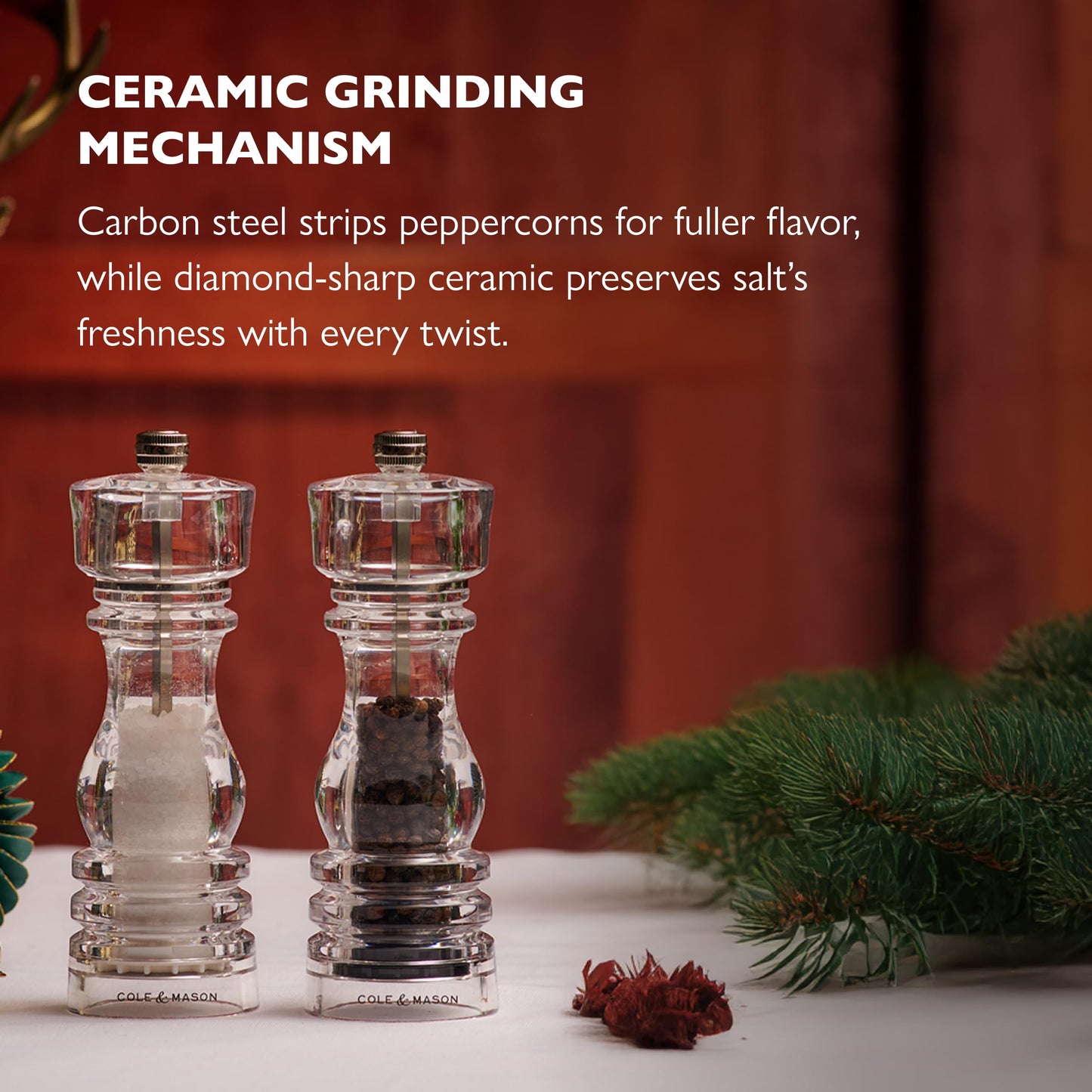Cole & Mason London Refillable Spice Mill - Kitchen & Home Accessory - Salt & Pepper Grinder Set - Salt Mill with Ceramic Mechanism - Pepper Mill with Carbon Steel Mechanism - 7", Acrylic