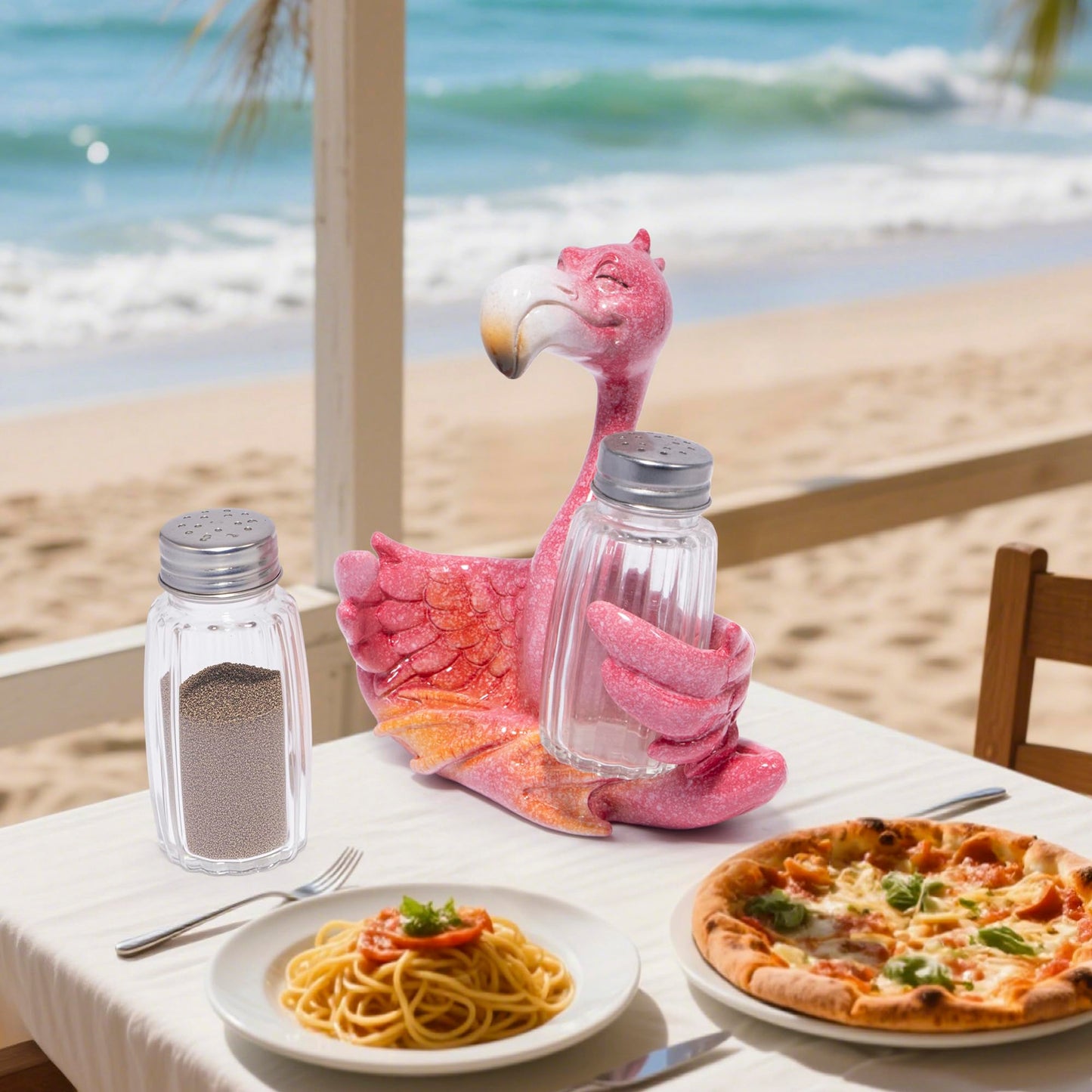 Hodao Flamingo Figurines Decorations with Salt and Pepper Shaker Flamingo Set with Holder Figurines for Summer Beach Bar and Tropical Kitchen Decor Table Decorations for Home Gifts