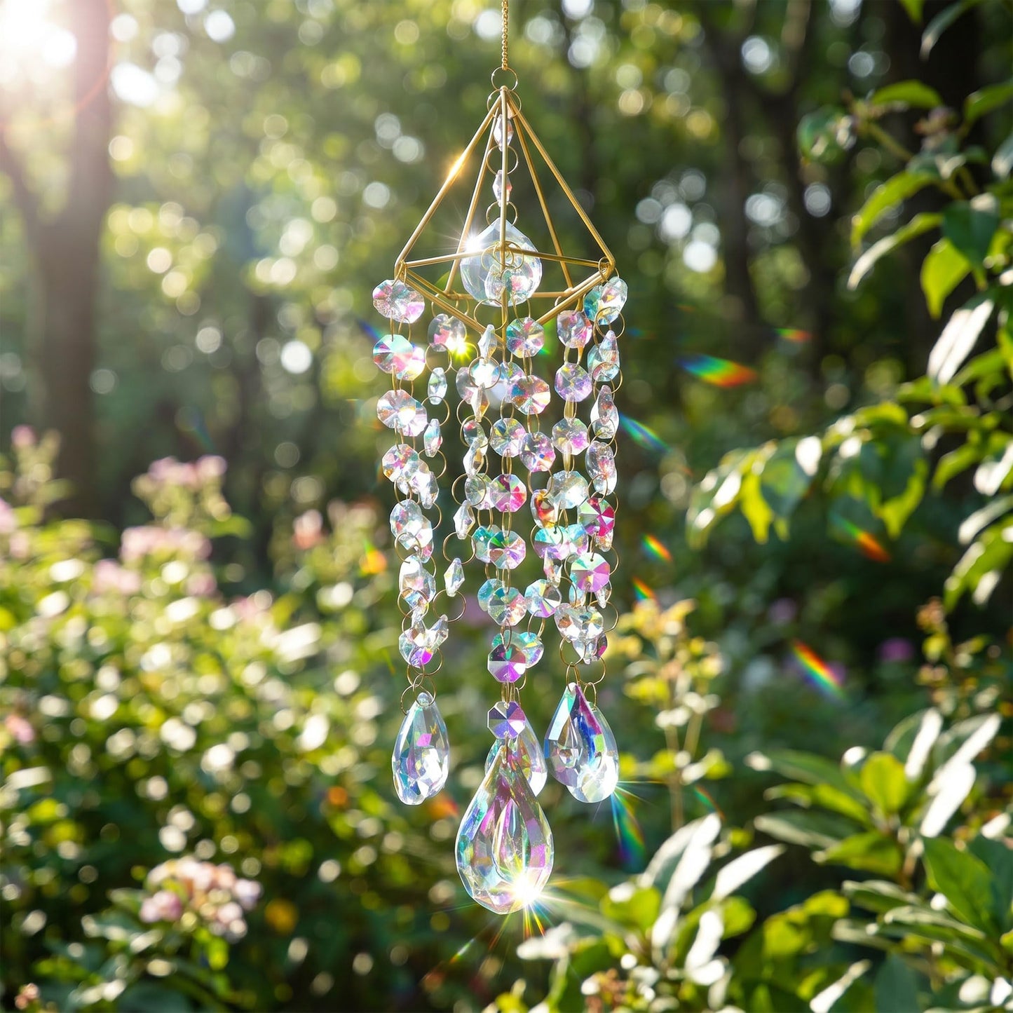 HDCRYSTALGIFTS Crystal Suncatchers for Window Hanging Glass Wind Chime Style Garden Sun Catchers with Crystals Prisms Rainbow Maker Indoor Outdoor Decor Handmade Gold Plated