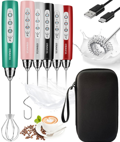 YUSWKO Black Handheld Milk Frother Wand for Coffee, Rechargeable Electric Whisk with 3 Heads 3 Speeds Drink Mixer Coffee Frother For Latte, Cappuccino, Hot Chocolate, Egg