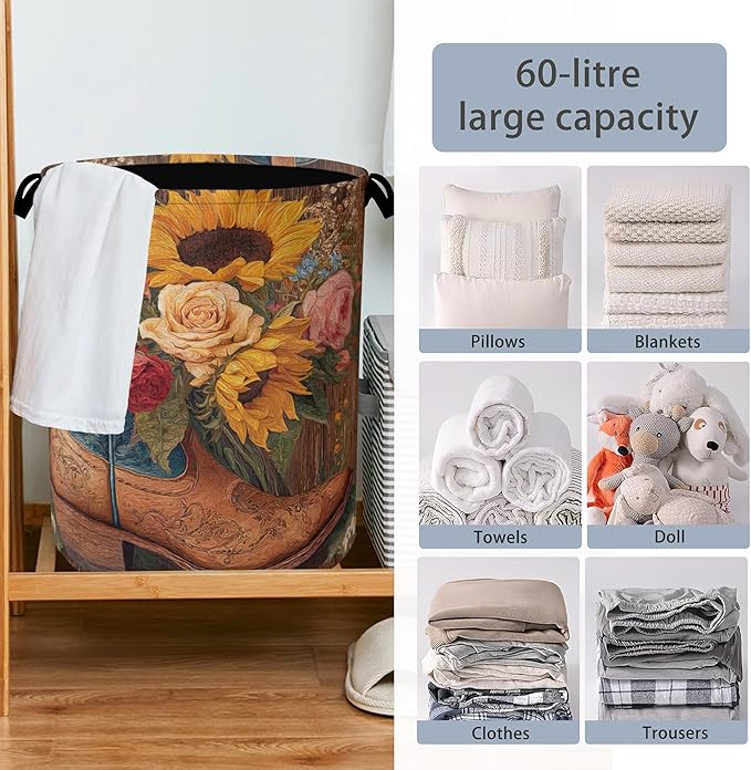 Cowboy Boots Laundry Basket, Wooden Sunflowers Foldable Oxford Cloth Tote Bag