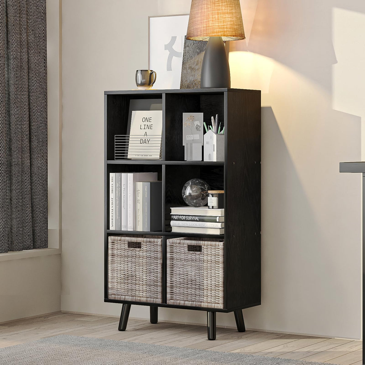 ELYUP 6-Cube Open Shelf Bookcase - 3-Tier Wooden Floor-Standing Bookshelf with Legs and Backpanel, Ideal for 11-inch Fabric Storage Bins and Miscellaneous Organizer, Black