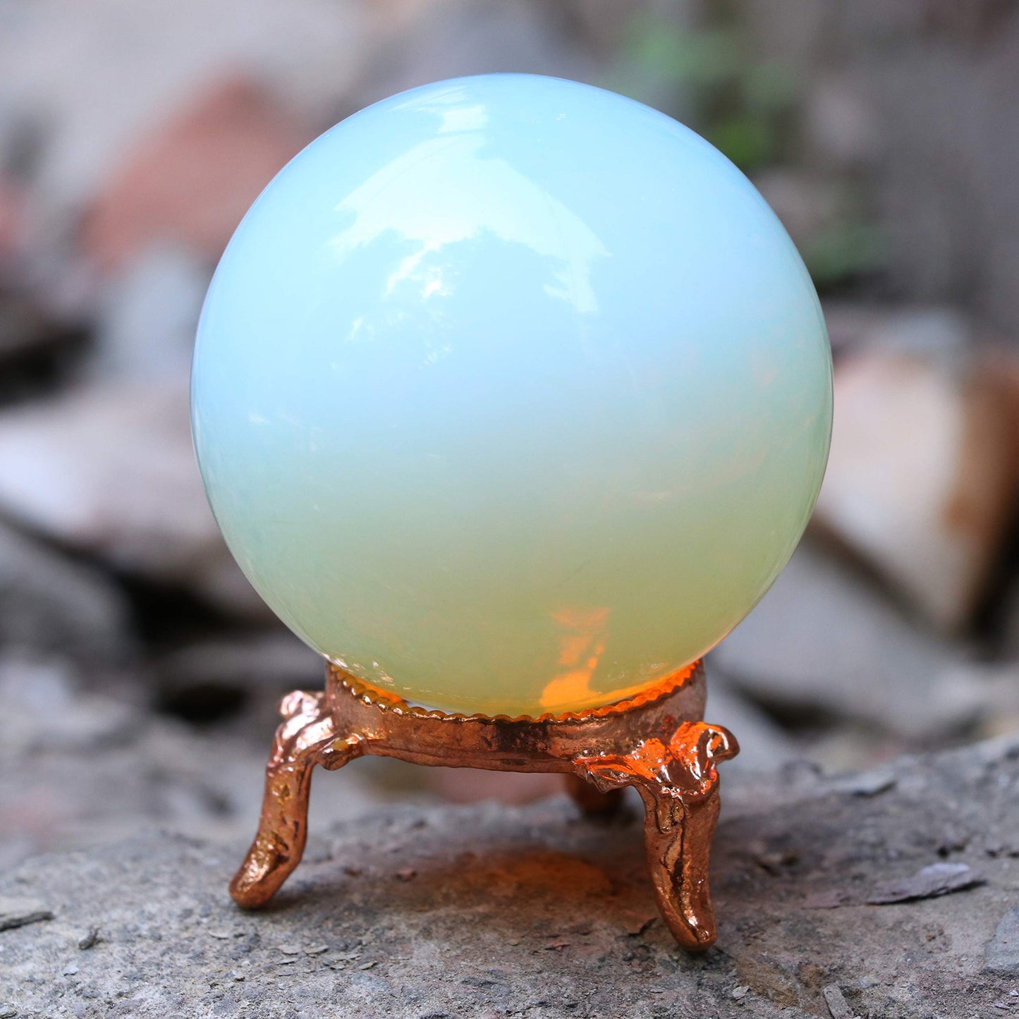 Crocon 45mm Opalite Stone Sphere Ball with Metal Stand 1400+ Carats Gemstone Ball Healing Sphere Sculpture Figurine for Fengshui Divination Home Decoration Photography Crystal Sphere