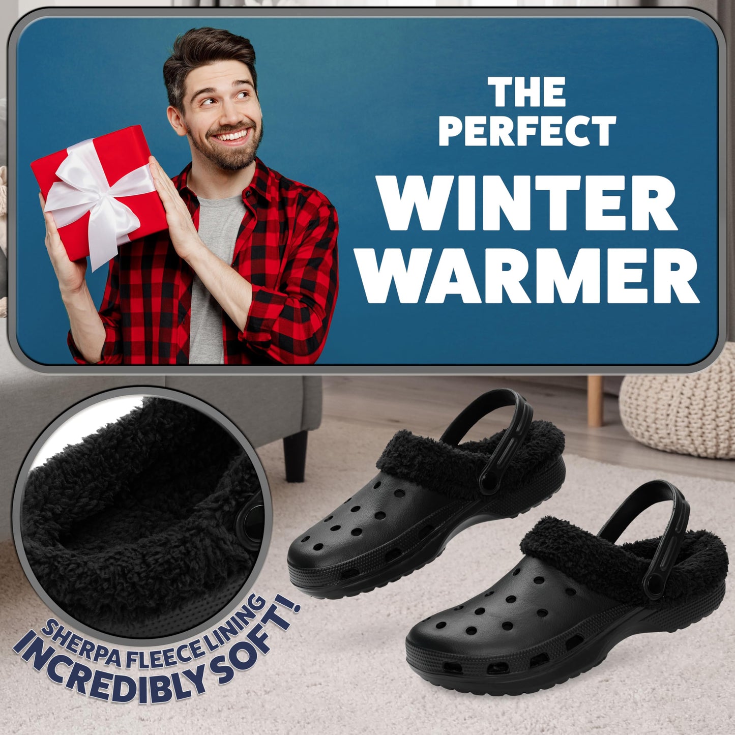 CityComfort Men's Teens Clogs Winter Classic Fleece Lined House Shoes - Warm Garden Shoes Slip On with Strap (Black, 9 UK)