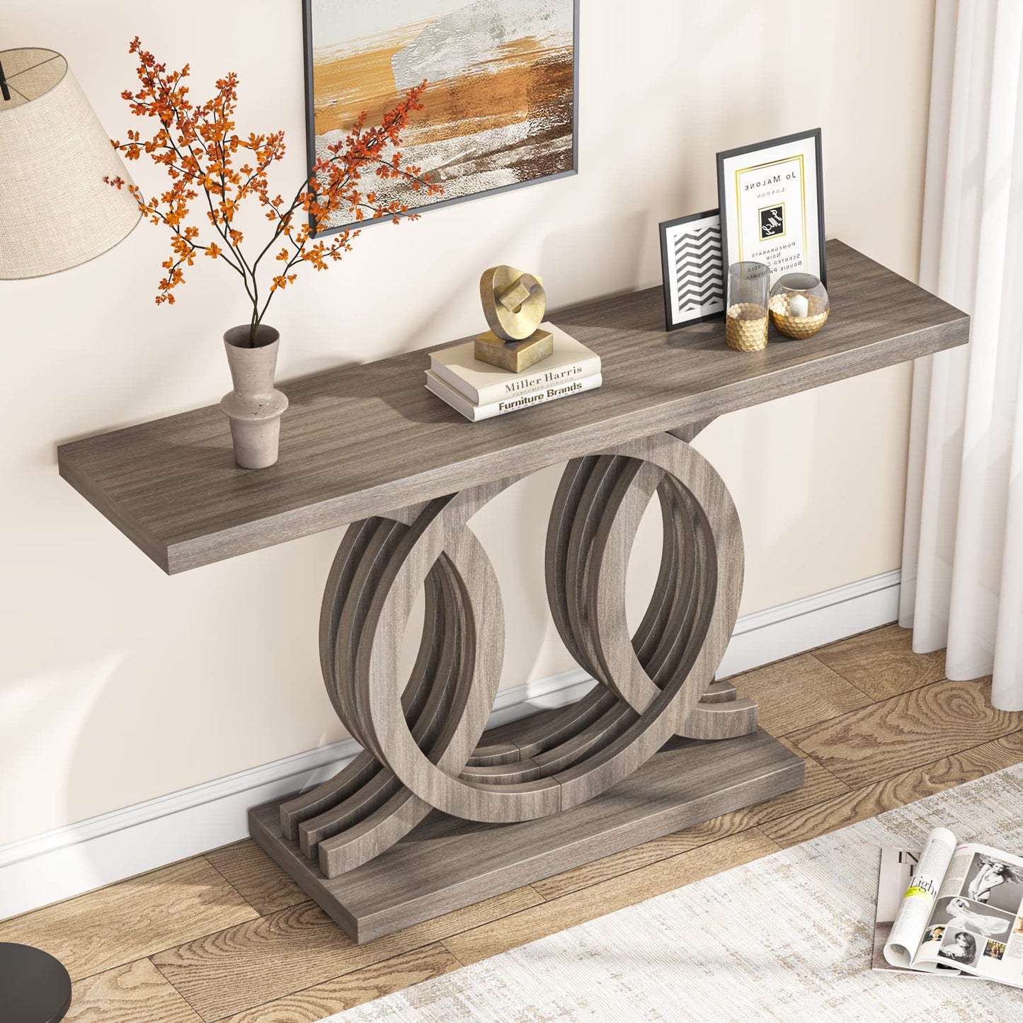 Tribesigns 55 inches Console Table with Geometric Base, Farmhouse Hallway Table, Wooden Entryway Sofa Table, Unique Long Accent Table for Decoration and Organization (Grey)