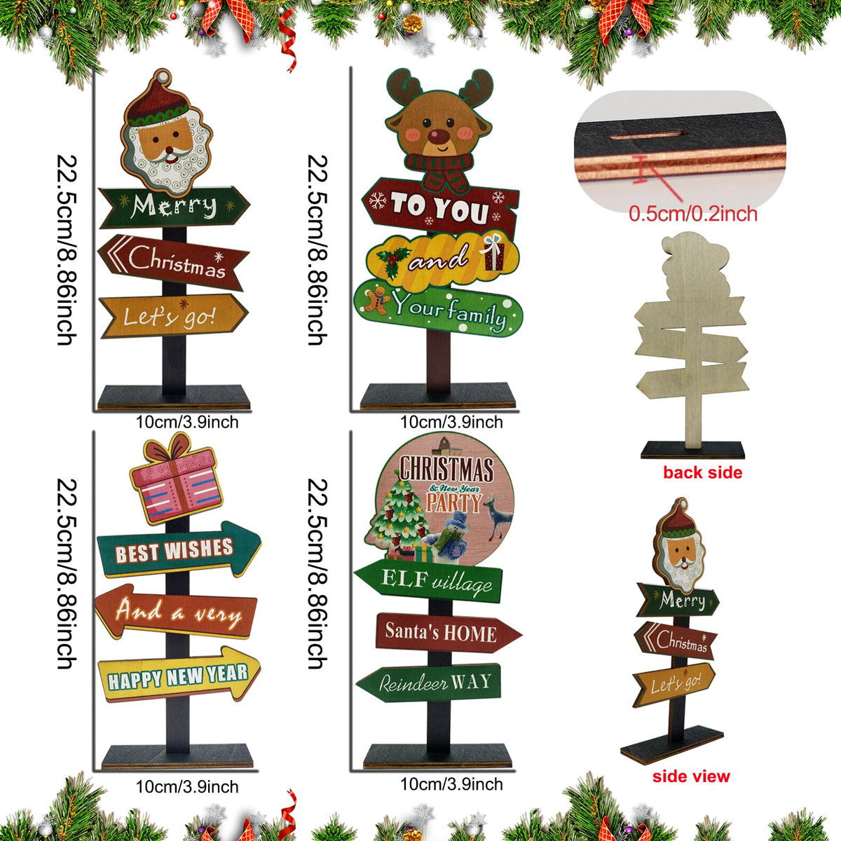 YvSuZeBuDa Christmas Table Decorations, 4 Piece Wooden Rectangular Sign Boards, Rustic Farmhouse Style, Polychrome, 8.86 x 4.72 Inches, Wall Mount with Twine, Cozy Theme