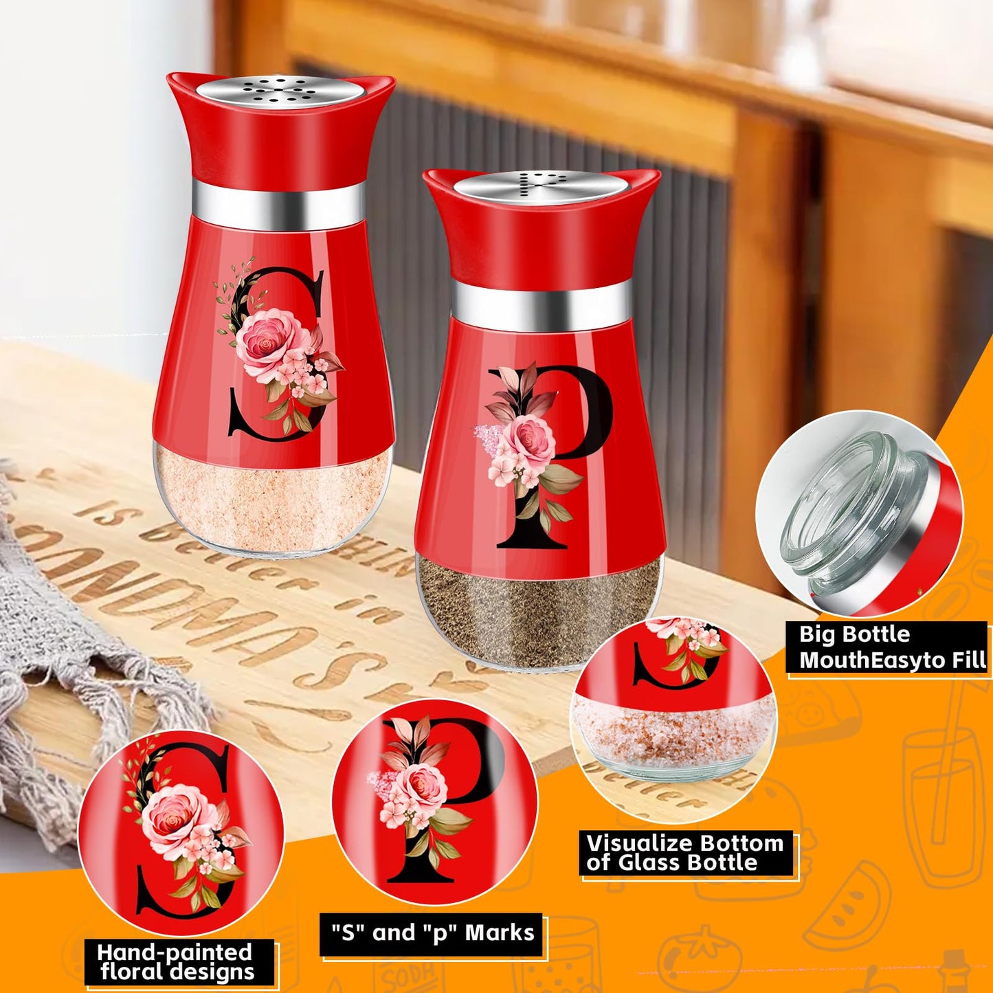 Salt and Pepper Shakers Set, 4 oz Red Kitchen Accessories, Stainless Steel & Glass Spice Dispenser Classic, Refillable Design, Farmhouse Salt Pepper Shakers Cute Kitchen Decoration (Red)