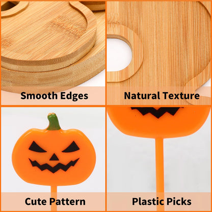 AUGSUN 53Pcs Halloween Charcuterie Board Set, 3 BOO Halloween Cheese Board Wooden Serving Platter with 50 Plastic Toothpicks for Party Buffet Supplies for Home Outdoor Party Decoration