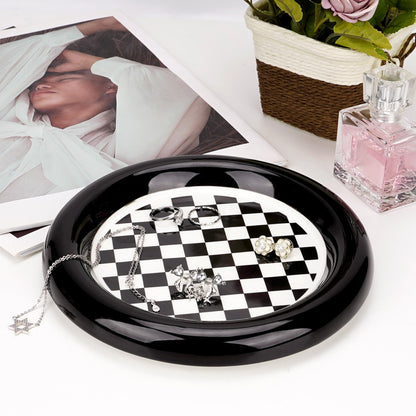 BUNCHBRAVO Checkered Jewelry Tray, Ceramic Minimalist Trinket Dish Organizer for Side Table, Dresser and Entryway Decor, Black and White Plaid