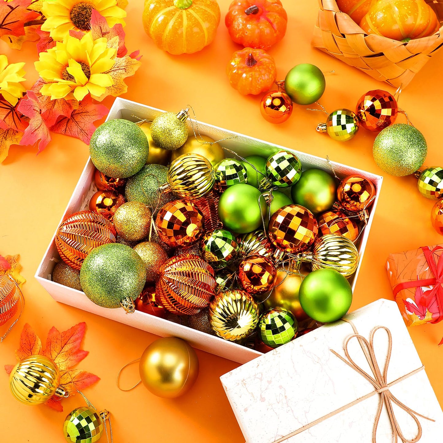 Lunmon 64 Pcs Fall Ball Ornaments Matt Glitter Lime Green Gold Orange Tree Ornament 1.6/1.97/2.4 Inch Autumn Thanksgiving Hanging Bulbs Fall Decorations for Home Tree Holiday Office Party Decor