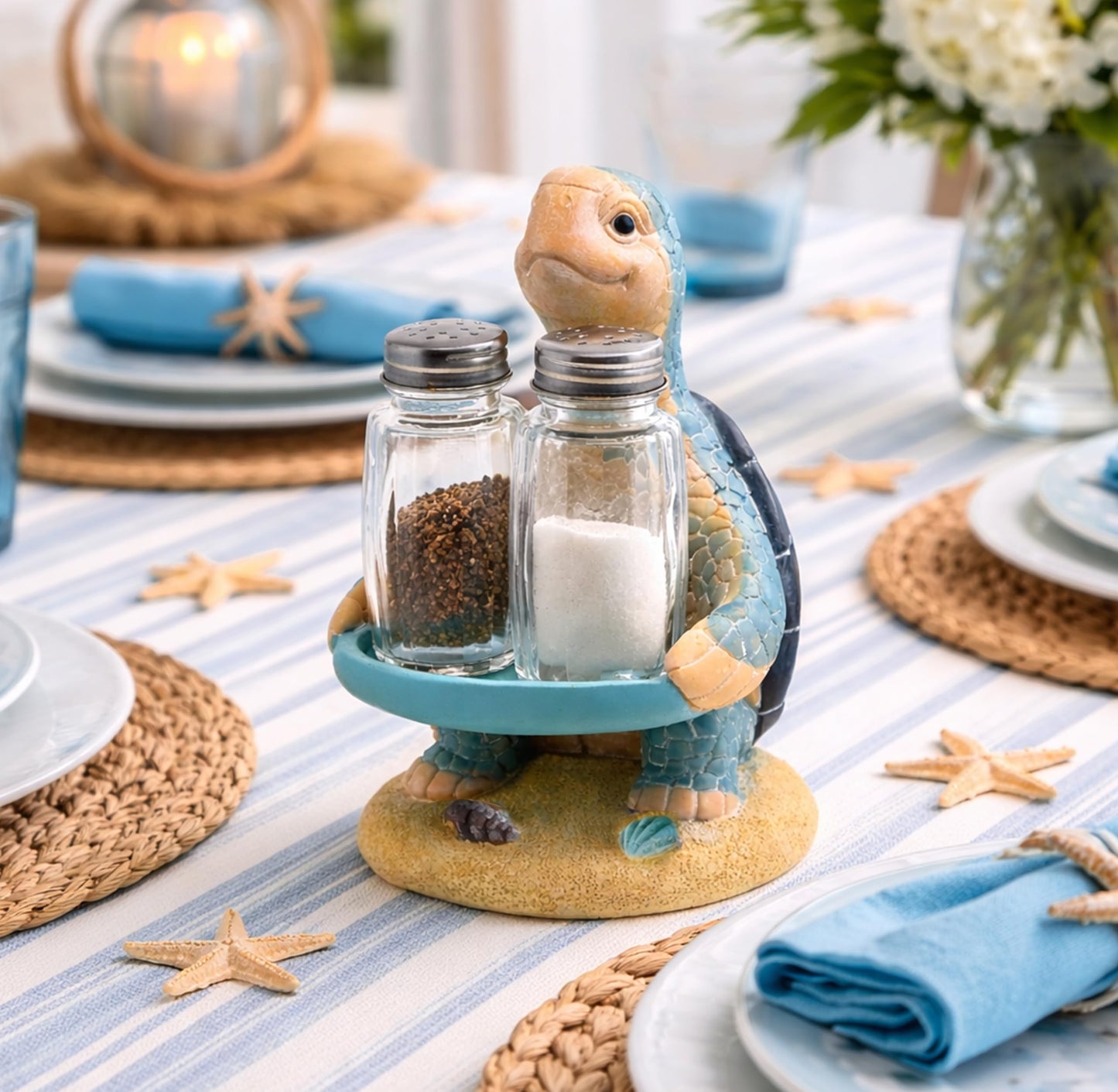 Sea Turtle Salt and Pepper Shakers Set with Holder, Coastal Beach Kitchen Table Decor, Ocean Themed Resin Figurine Set