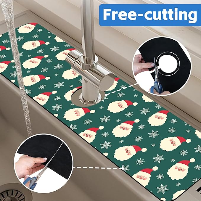 Christmas Kitchen Sink Splash Guard Mat Santa Claus and Snowflakes Sink Splash