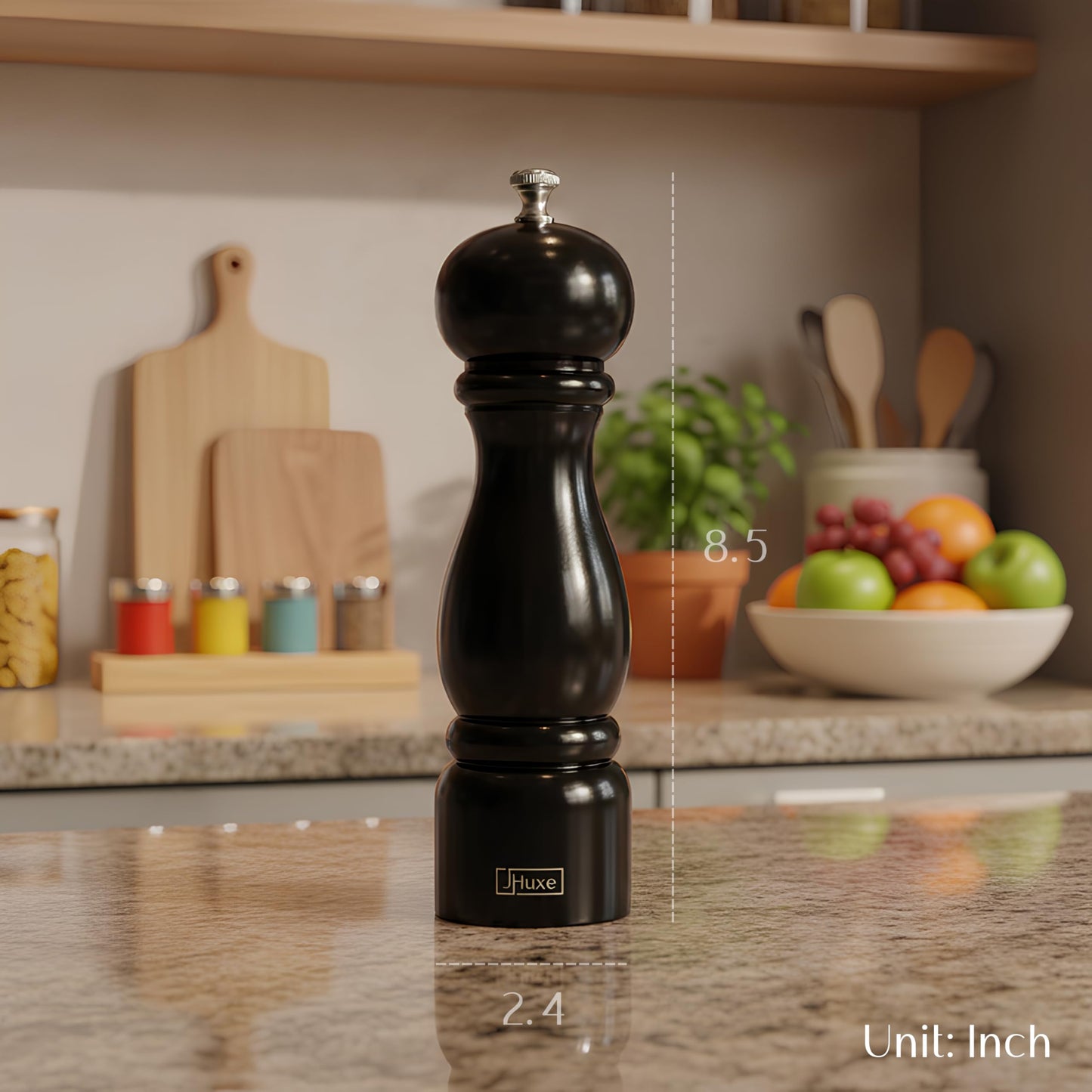 JHuxe Black Wood Pepper Mill, 8-inch Classic Manual Salt Pepper Grinder, Adjustable Coarseness Wooden Peppermill, Refillable Pepper Crusher with Ceramic Rotor, Best Kitchen Tools, EE1