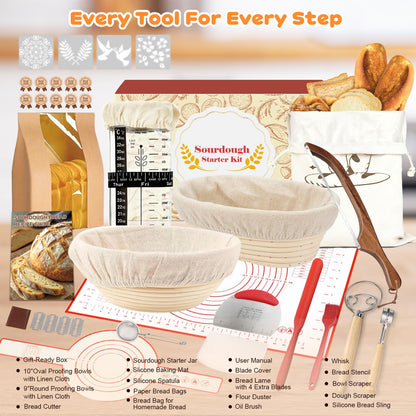 Sourdough Starter Kit, 9" Round & 10" Oval Banneton Bread Proofing Basket, Sourdough Bread Baking Supplies with Sourdough Starter Jar & Bread Slicer, Sour Dough Kit Gifts for People Who Love Baking