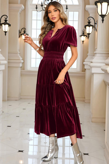 R.Vivimos Women's Fall Winter Vintage Velvet Dress Short Sleeve V Neck Elastic Waist Tiered Ruffle A-Line Flowy Elegant Maxi Dress (Large, WineRed)