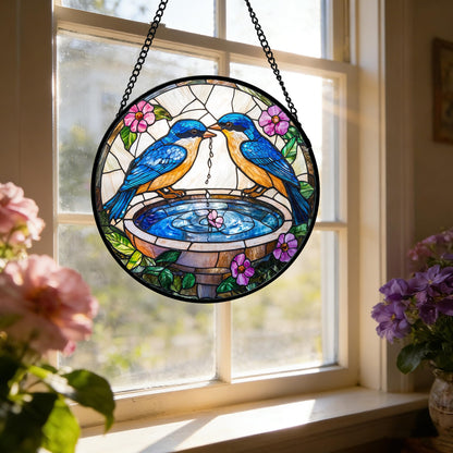 DASTOLL Stained Glass Window Hanging, 2 Blue Birds Suncatcher Diamond Glass Panel Hangings Bird Lover Sun Catchers Decor for Birthday for Women, Men, Wife, Aunt, and Mom 6.3 in