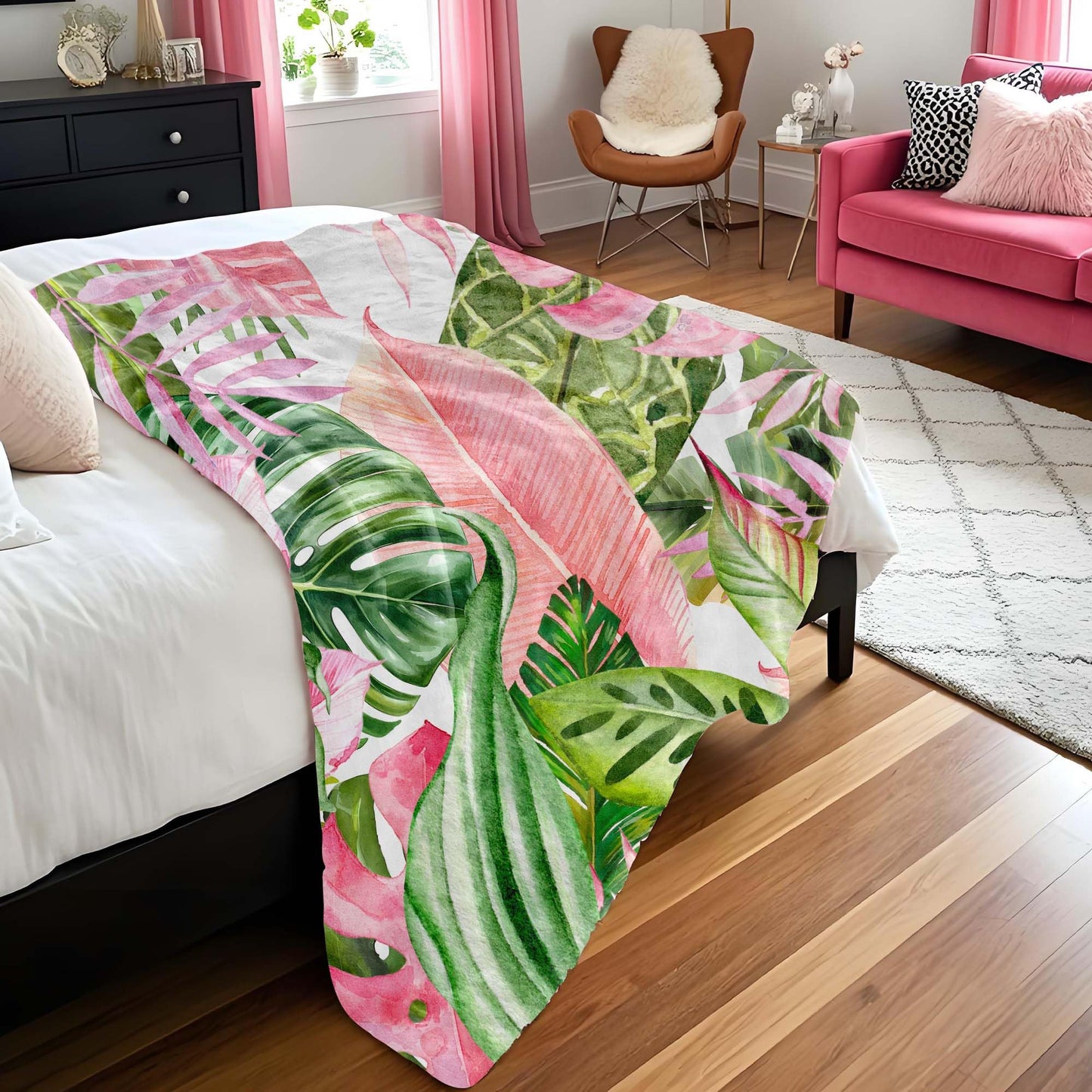 Pdvbiee Pink and Green Tropical Throw Blanket, 50x60 in