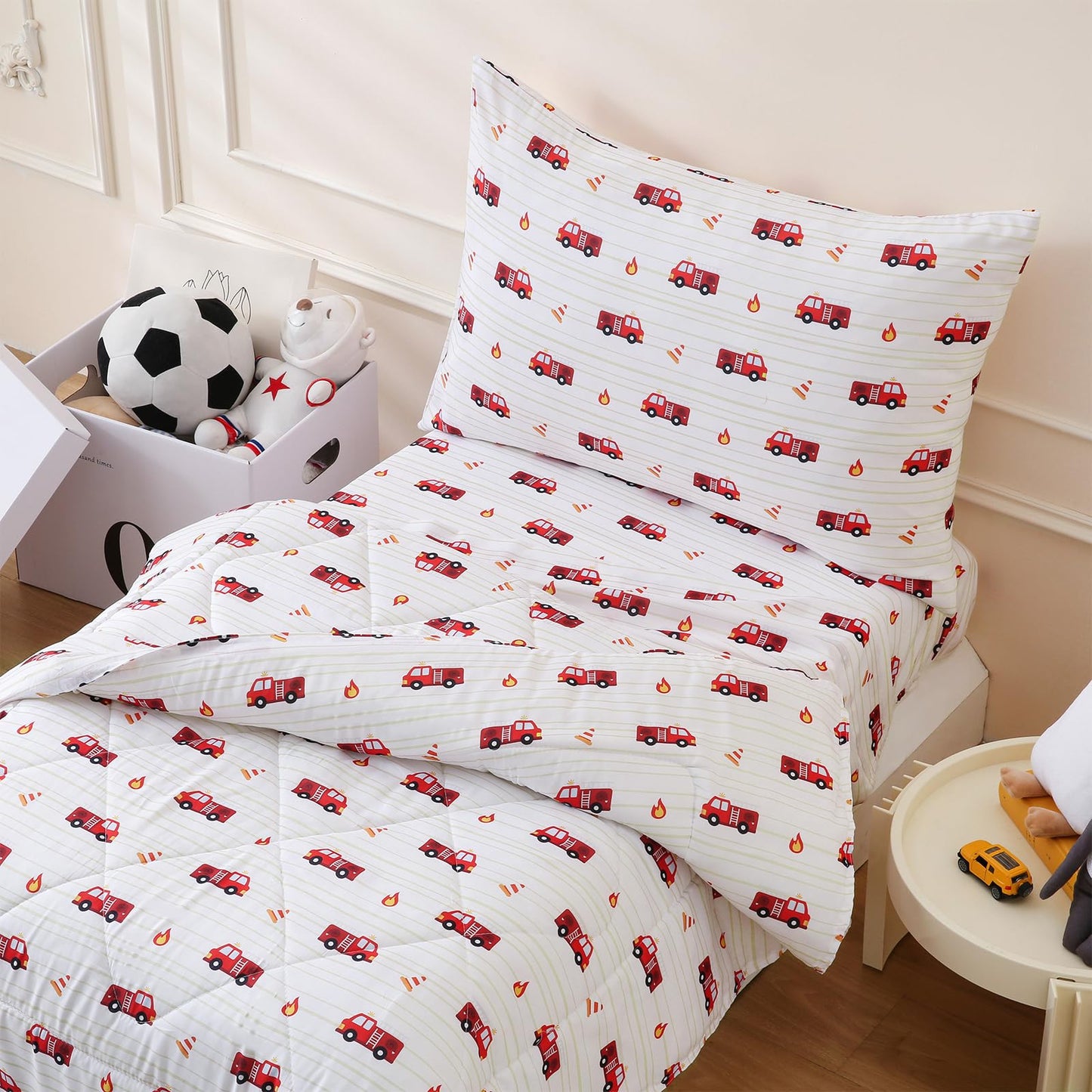 LONAVA Toddler Kids Comforter Set - 4 Pieces Toddler Bedding Sets for Boys Girls Children, Ultra Soft Microfiber Bed in A Bag with Flat Fitted Sheets, Fire Truck