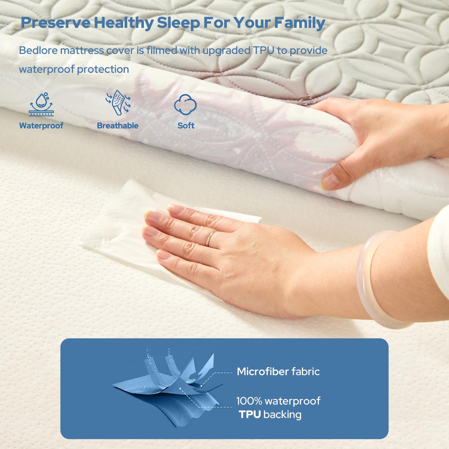 BEDLORE Waterproof Mattress Protector, Twin Size Mattress Pad with Deep Pocket 6"-15" Depth, Soft Dirt-Proof Double Bed Mattress Cover for Bedroom, College Dorm, Hotel (Light Gray)