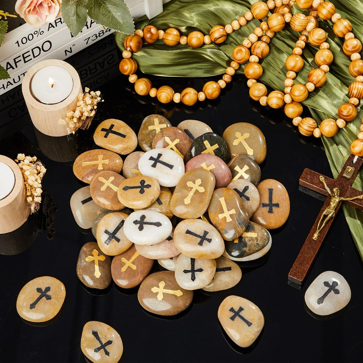 Fabbay 40 Pcs Engraved Cross Worry Stones for Pray Faith, Inspirational Memorial Stones Christian Clinging Cross Rocks for First Communion Mother's Day Religious Gifts 4 Styles, 1-2'' Each