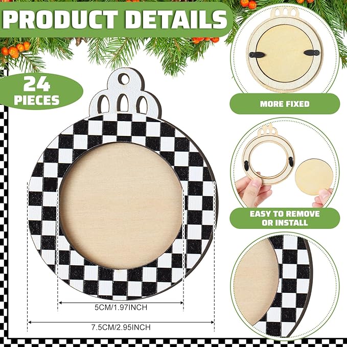 24 Pcs Christmas Pictures Frame Ornaments Bulk Black and White Photo Frames Ornaments Wooden Checkered Christmas to Put Pictures in Stocking Stuffers
