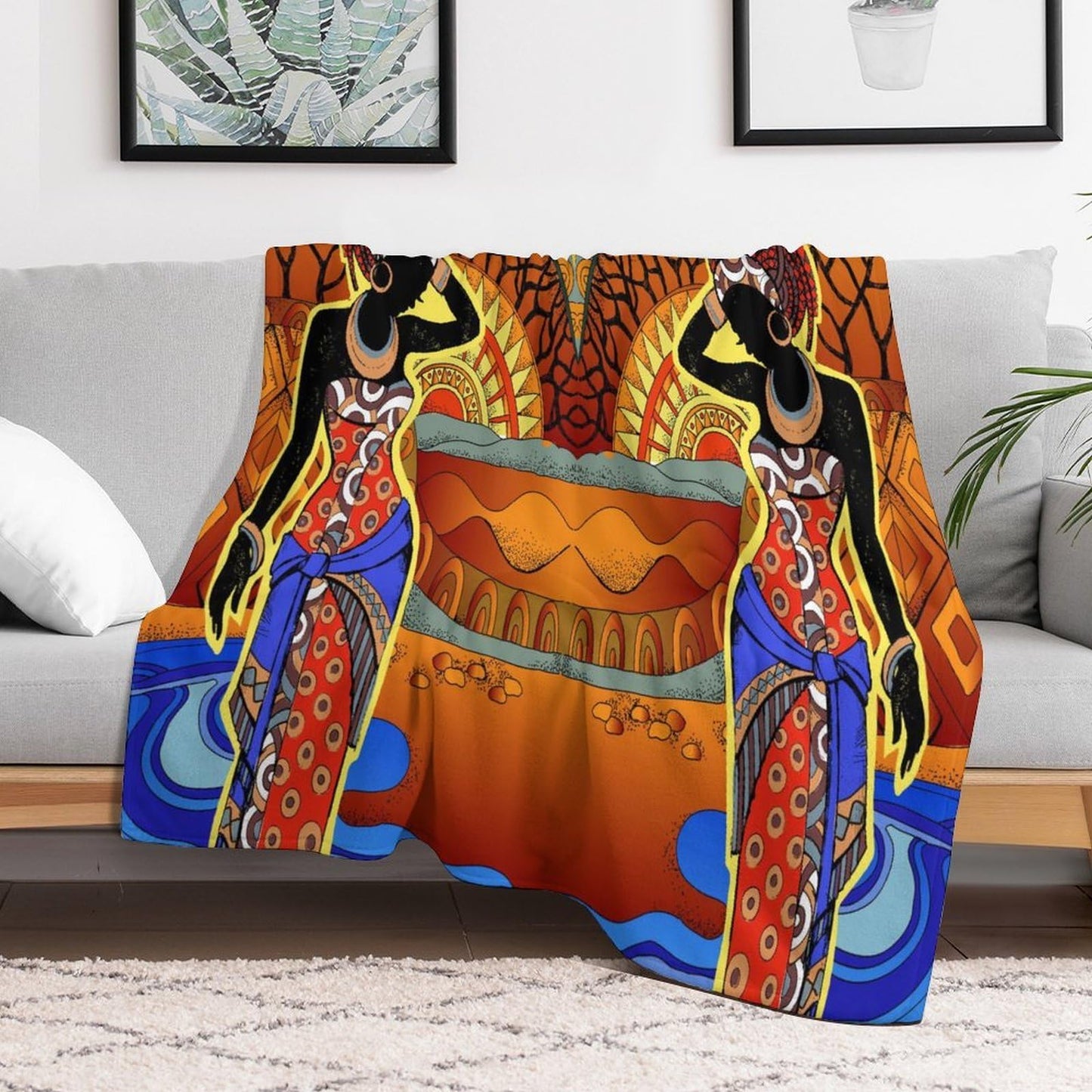 ZhiRain African Women Throw Blanket Southern Landscape Hand Drawn Black Woman Tribal Ethnic Pattern Blanket for Sofa Bed Couch Chair Or Dorm 50"x60"
