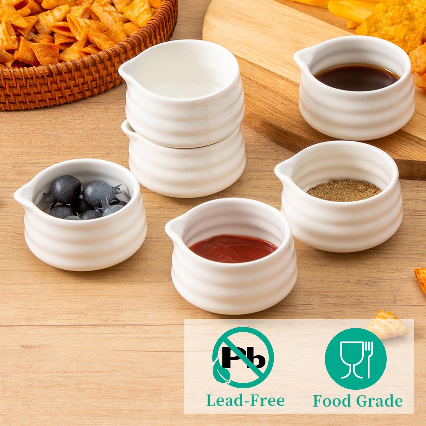 YumiPLUS 6pcs Ceramic Dipping Bowl with Spout, 3OZ Porcelain Mini Ramekins, Small Condiment Dish, Cute Pinch Bowl Set, Sauce Dish for Sushi/Ketchup/BBQ,Oven Safe