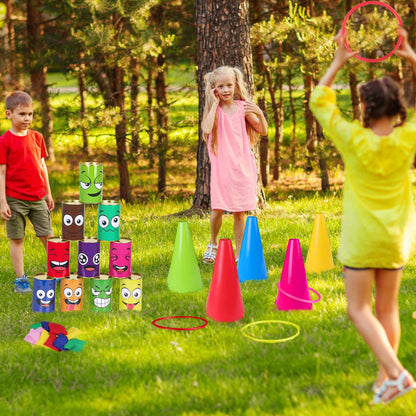 Waenerec 36PCS Carnival Games Combo Set 4 in 1 Bean Bag Toss Can Games Plastic Cone Ring Toss Game for Indoor Outdoor School Field Day Birthday Party Yard Game for Kids Adults