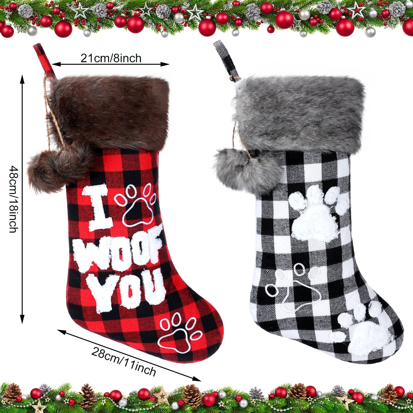 Skylety 2 Pieces Christmas Pet Dog Stocking 20 Inch Buffalo Plaid Christmas Stockings Plush Faux Fur Cuff Christmas Hanging Ornament with Letter and Dog Paw for Xmas Decoration (Black Red,Black White)