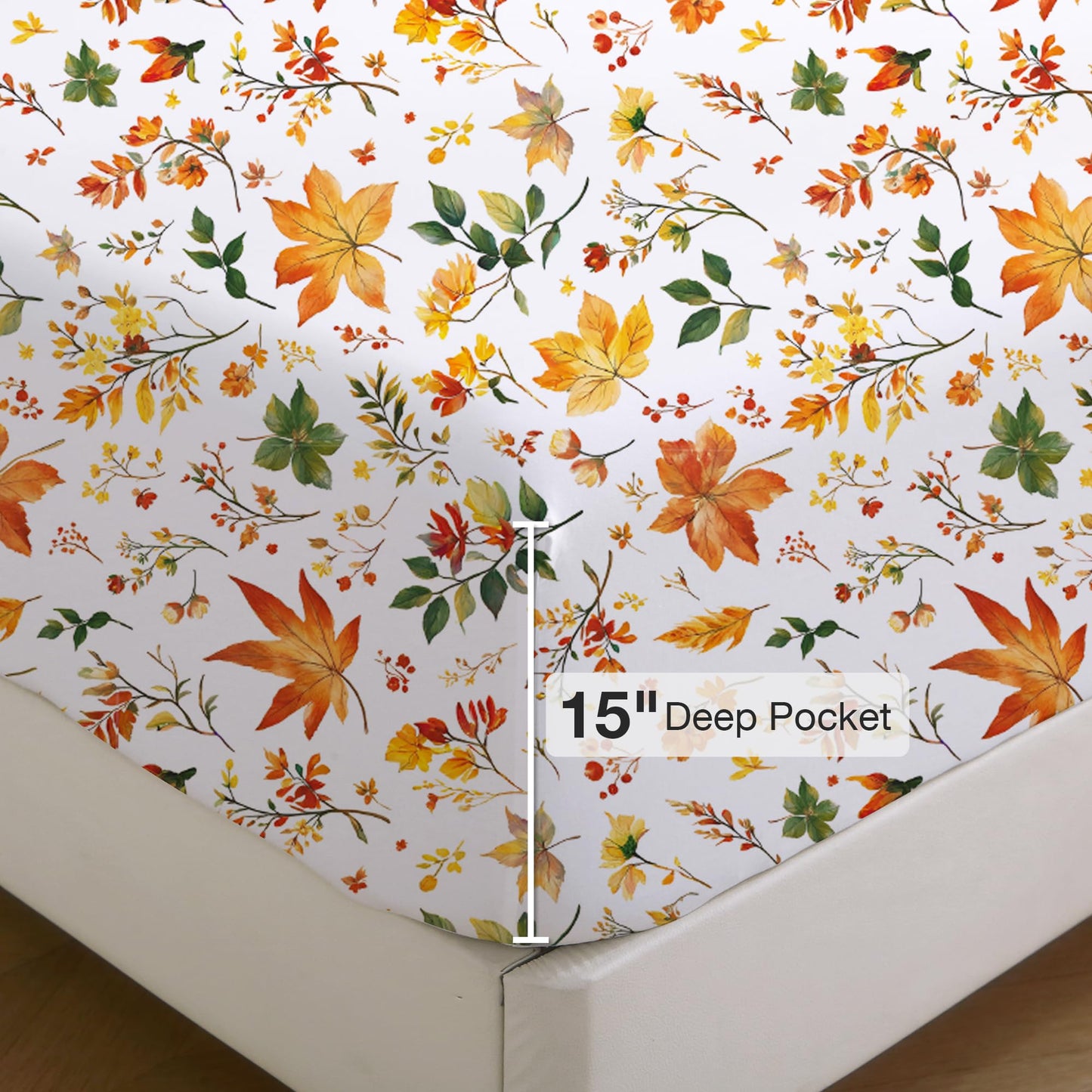 Viviland Floral Twin Sheet Set - 3 Piece Vintage Orange Maple Leaves Patterned Bed Sheets - Soft, Breathable Microfiber Sheets with Deep Pocket, Non-Slip Fitted Sheets & Pillowcases